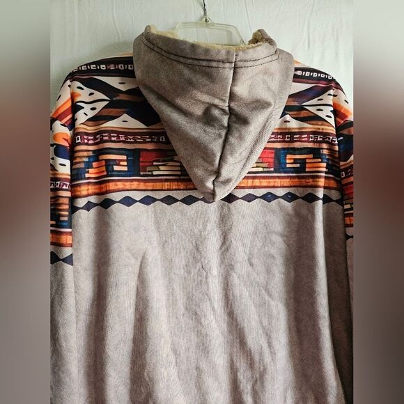 Tribal Print Soft Shell Hooded Jacket Men's Sz XL Sherpa Lined Pockets Full Zip - Picture 2 of 10